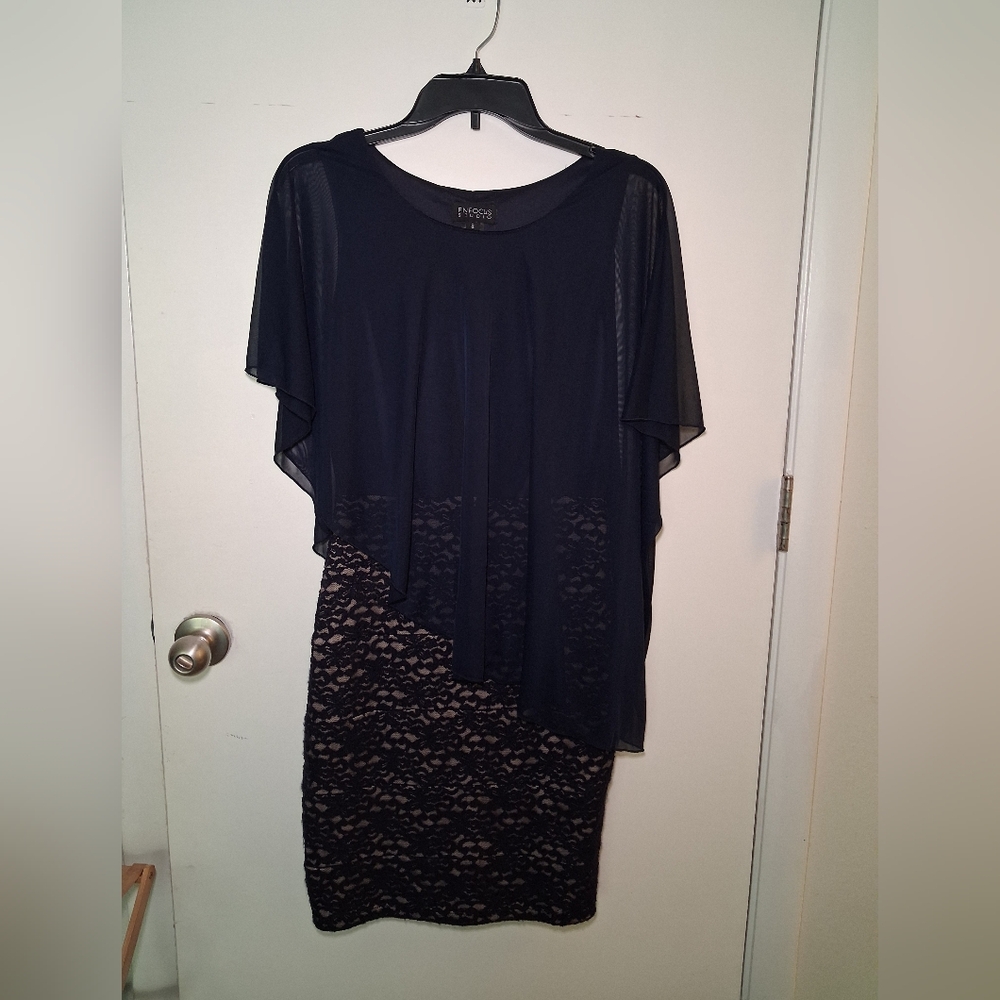 Enfocus Studio Navy Dress With Sheer Overlay.